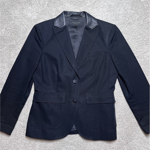 Rag & Bone Leather Collar Blazer Jacket Womens 4 Black Two-Button Preppy Career - Picture 1 of 12